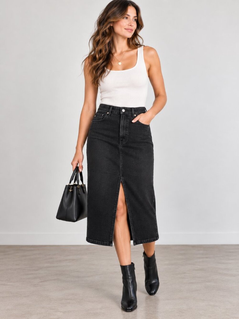 AG Jeans TEFI High Waisted Black Denim Midi Skirt Size 32
